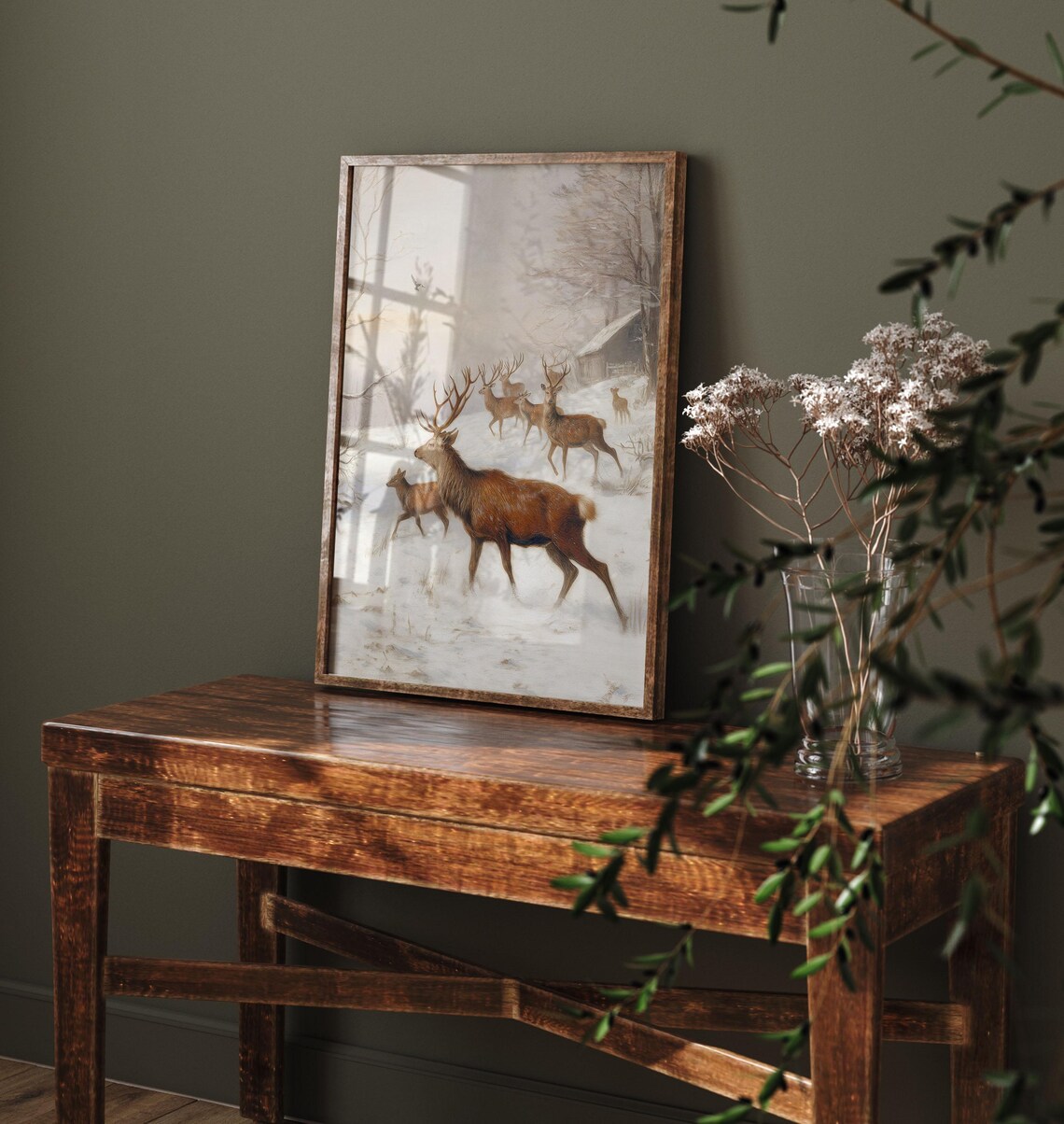 Red Deer Stag Herd Crossing Snowy Field Vintage Wildlife Poster - Image 4