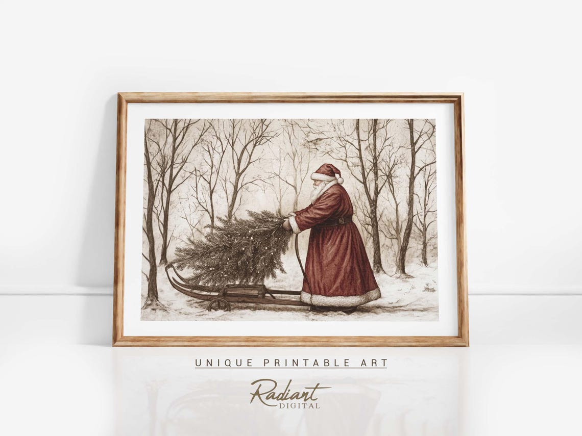 Santa Pulling Sled with Christmas Tree Forest Vintage Poster