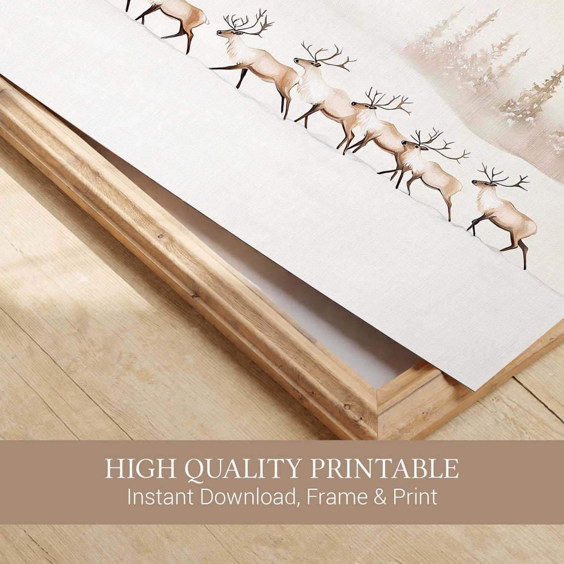 Seven Reindeer Walking across Snowy Field with Misty Pines Poster - Image 2