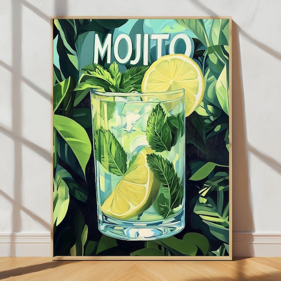 Mojito Cocktail Poster Vintage Mint Lime Drink Kitchen Bar Tropical Wall Decor