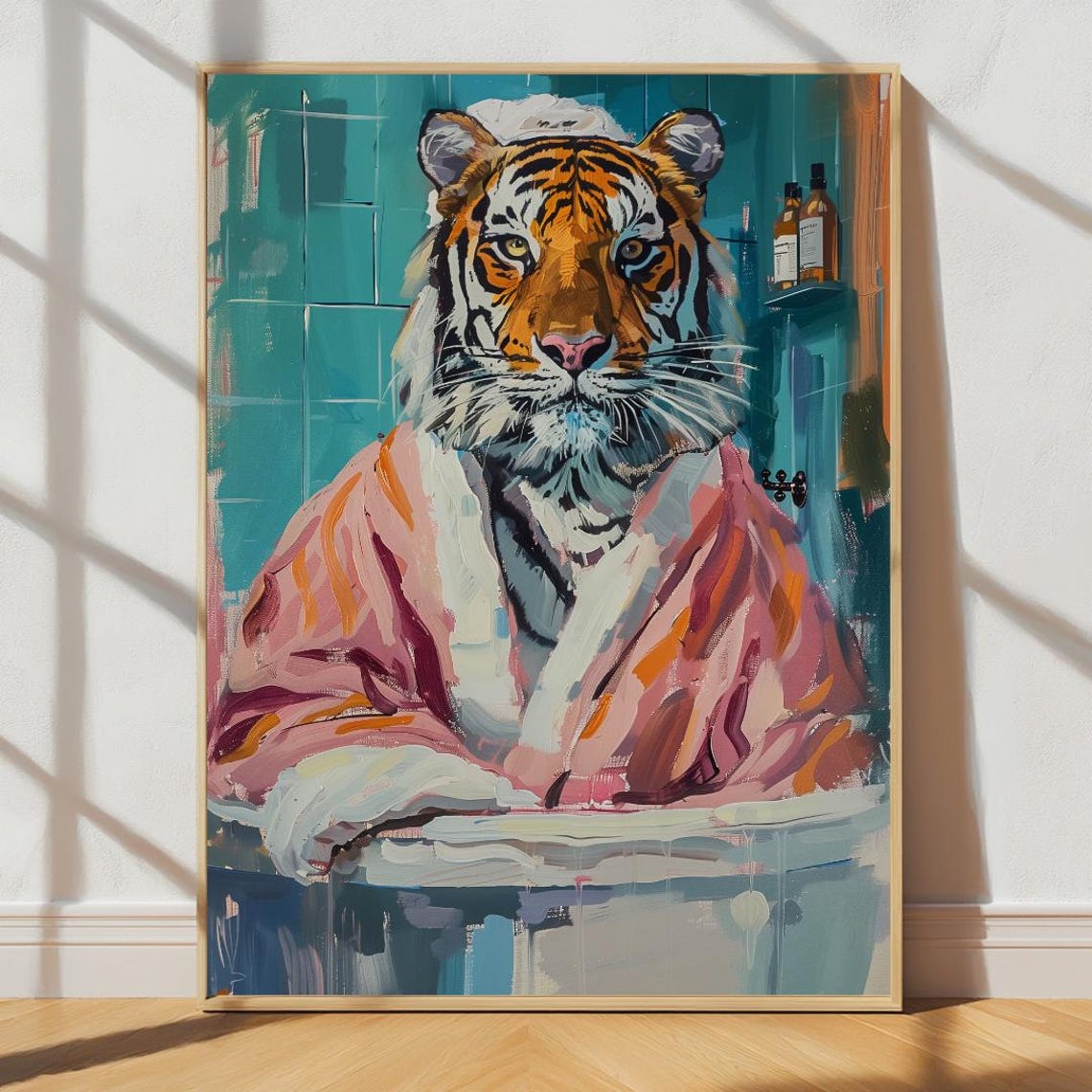 Relaxed Tiger in Pink Bathrobe Whimsical Bathroom Wall Poster