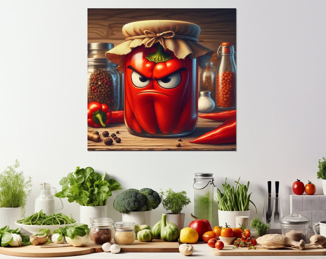 Angry Red Pepper Pickle Jar Rustic Kitchen Funny Wall Art Decor Print