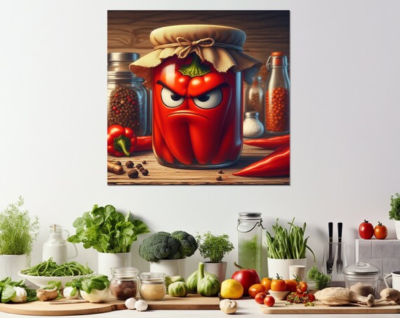 Kitchen Wall Decor Angry Pickled Pepper In A Jar Print Kitchen Wall Art Vegetables Poster Housewife Gift Framed Ready To Hang
