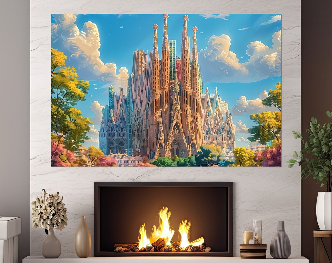 Barcelona Sagrada Familia Gaudi Basilica Blue Sky Travel Poster