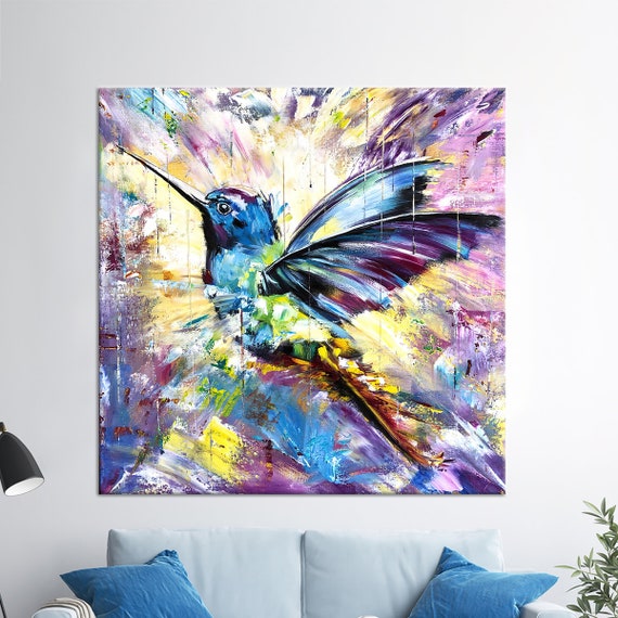 Colorful Hummingbird Canvas Abstract Bird Wall Poster Vibrant Animal Painting Oil Print Large Art