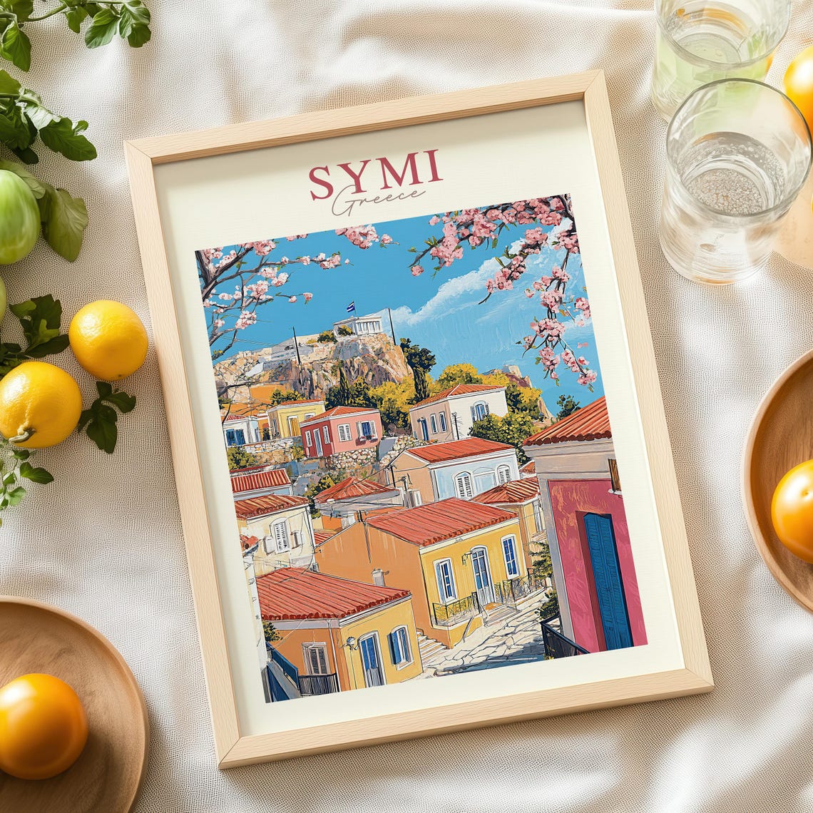 Symi Greece Colorful Island Houses Cherry Blossom Travel Poster - Image 4