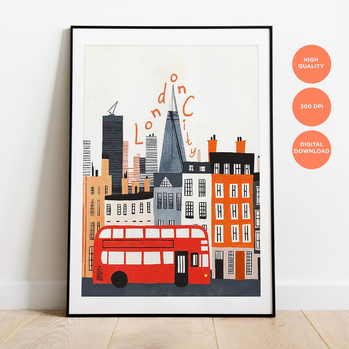 London City Red Bus Shard Skyline Handwritten Illustration Poster - Image 4