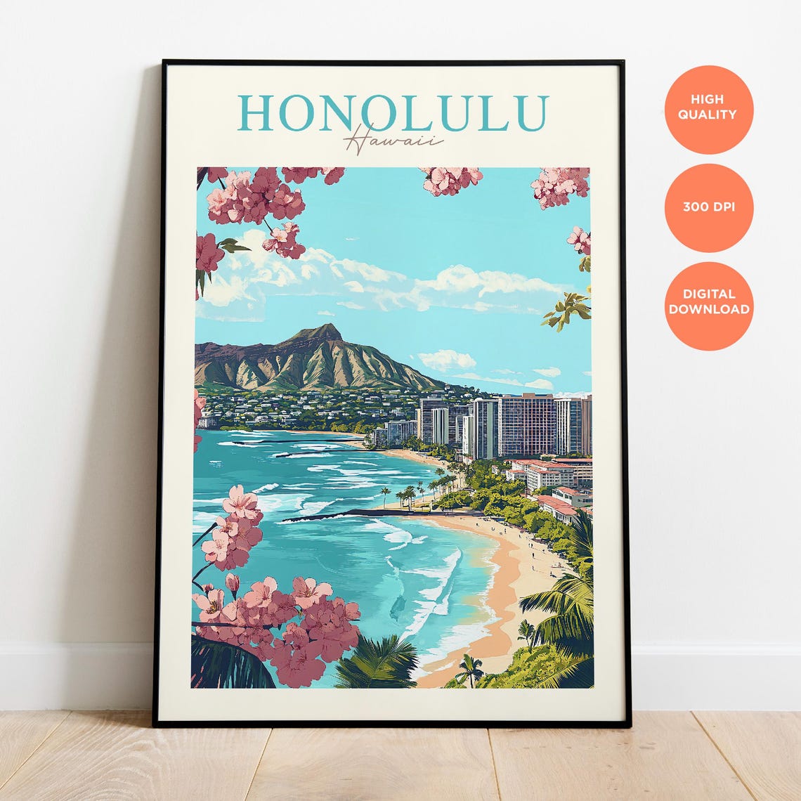 Honolulu Hawaii Vintage Diamond Head Waikiki Beach Travel Poster - Image 3