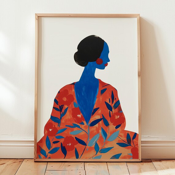 Blue Woman Faceless Portrait Boho Floral Minimalist Modern Art Poster