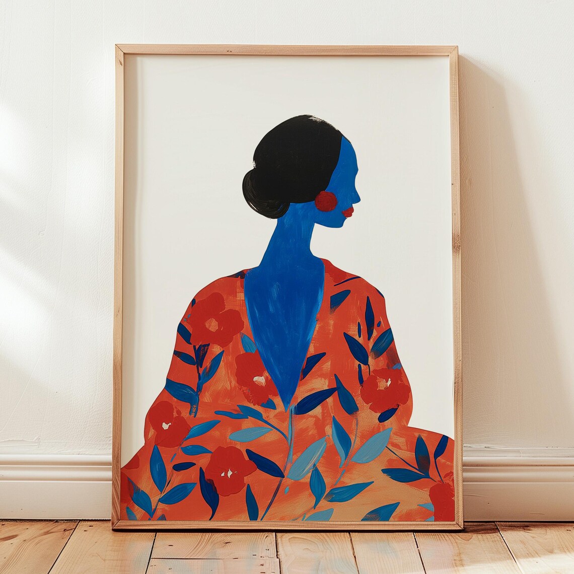 Blue Woman Faceless Portrait Boho Floral Minimalist Modern Art Poster