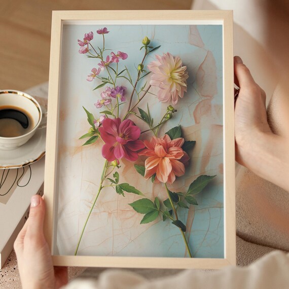 Pressed Flower Photography Print With Dahlias On Pale Blue Paper