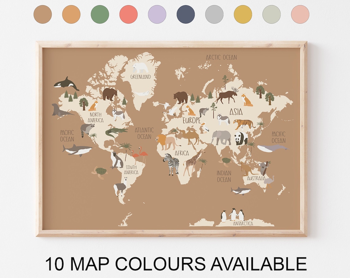 Animal World Map for Kids Room Nursery, Educational Poster