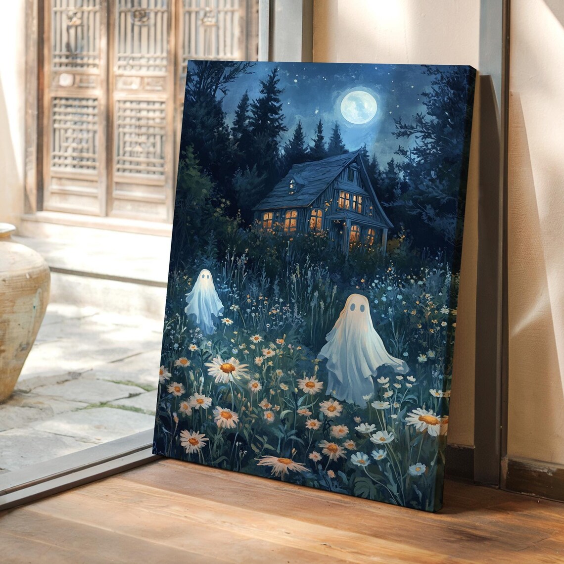 Spooky Ghosts Moonlit Meadow Wildflower Night Haunted House Print