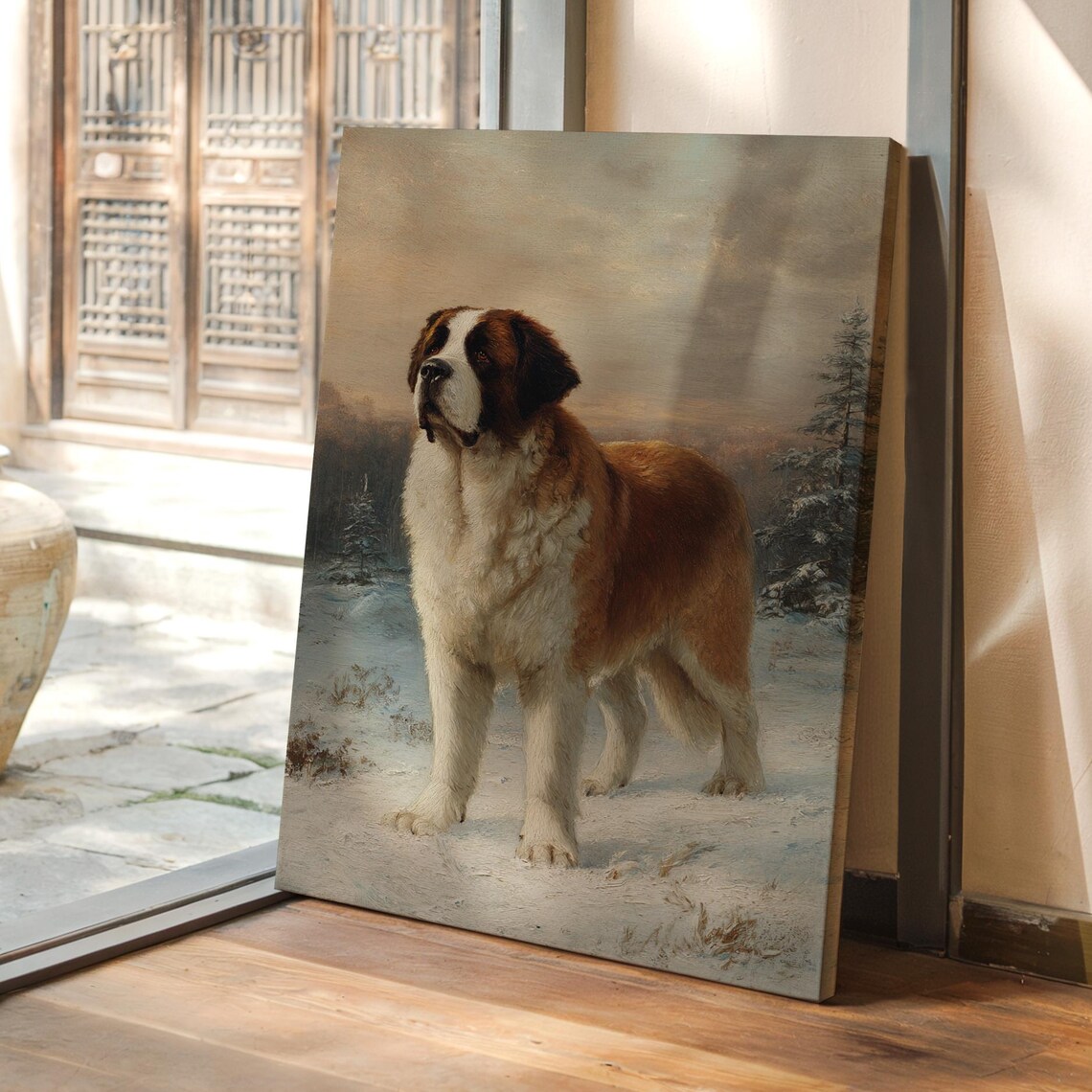 Majestic Saint Bernard in Snowy Winter Landscape Vintage Dog Poster