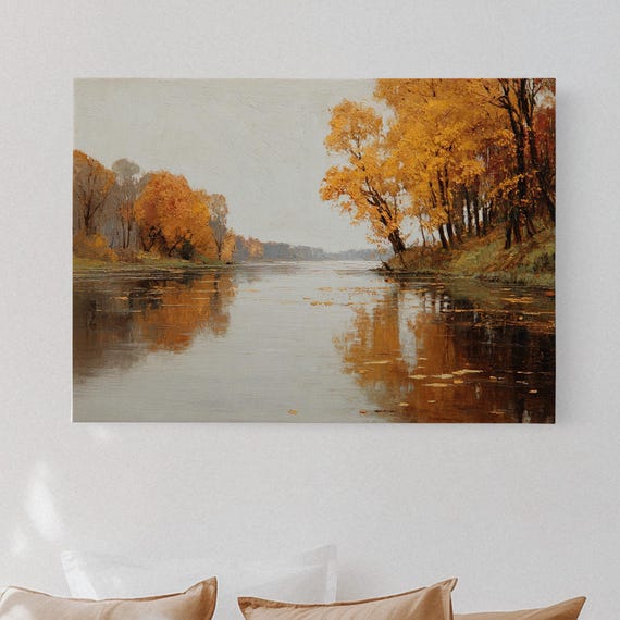 Autumn River Landscape Canvas Wall Art Golden Fall Trees Reflected On Water Serene Nature Painting Rustic Farmhouse Seasonal Home Decor