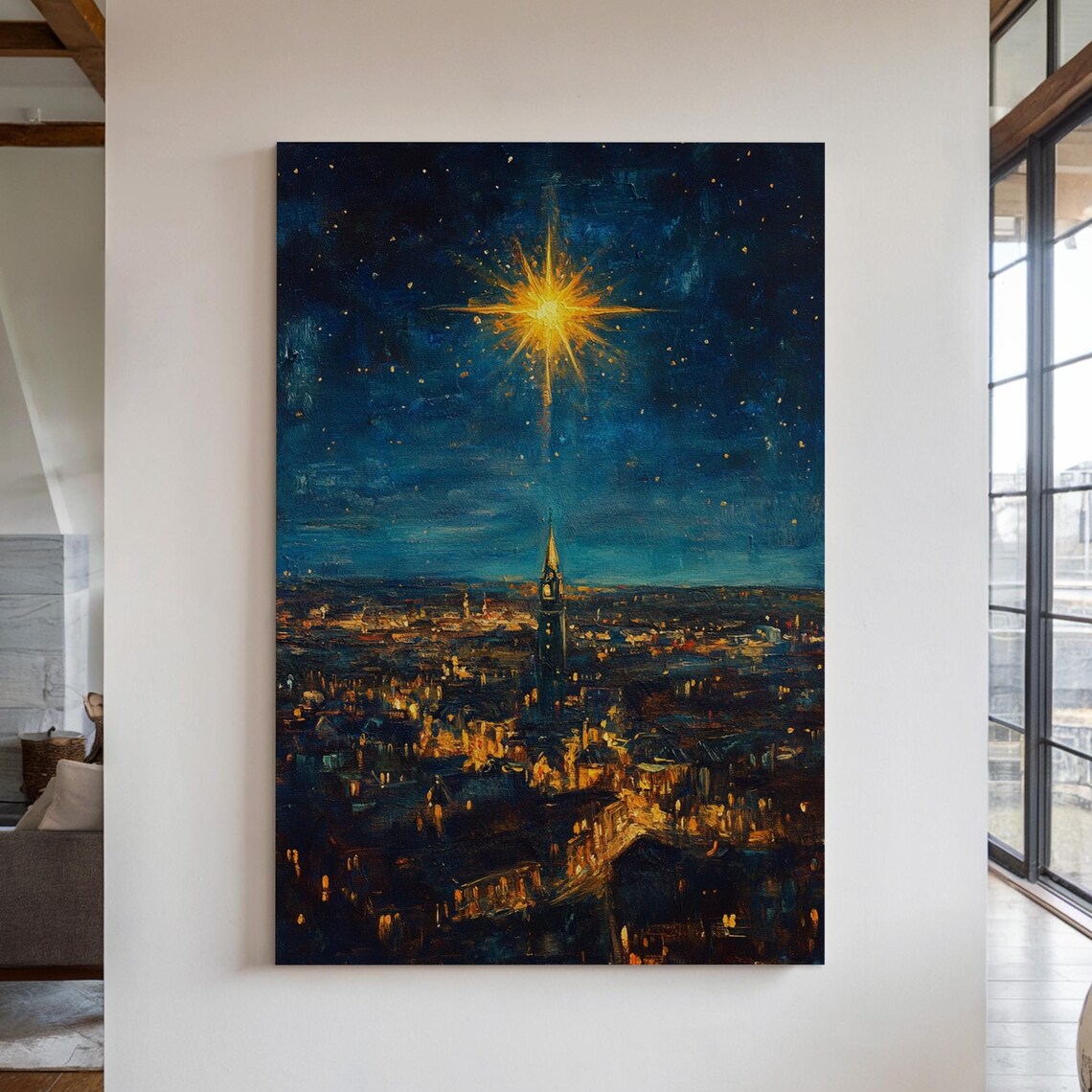 Bethlehem Star Over Cityscape, Christmas Nativity Art Print