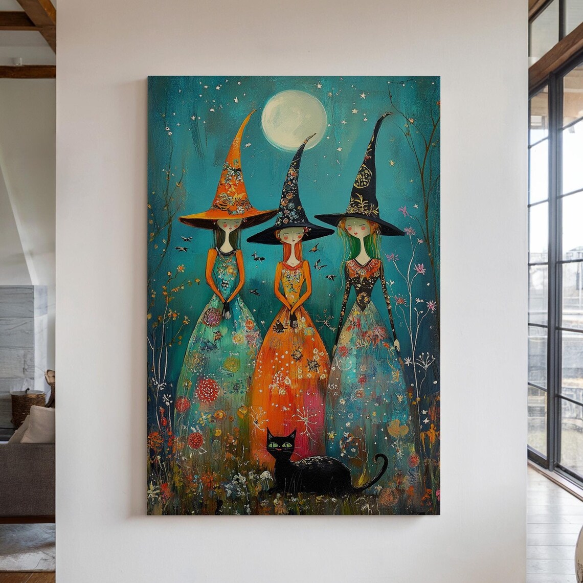 Whimsical Witch Trio Under Full Moon Floral Dresses Halloween Poster