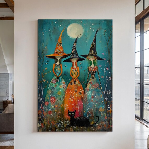 Whimsical Witch Trio Under Full Moon Floral Dresses Halloween Poster