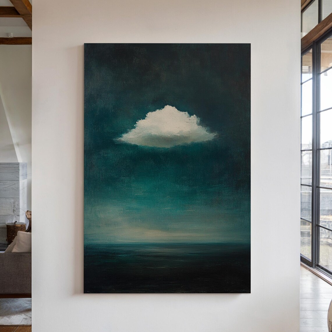 Single White Cloud Over Dark Teal Night Sea Minimalist Wall Art