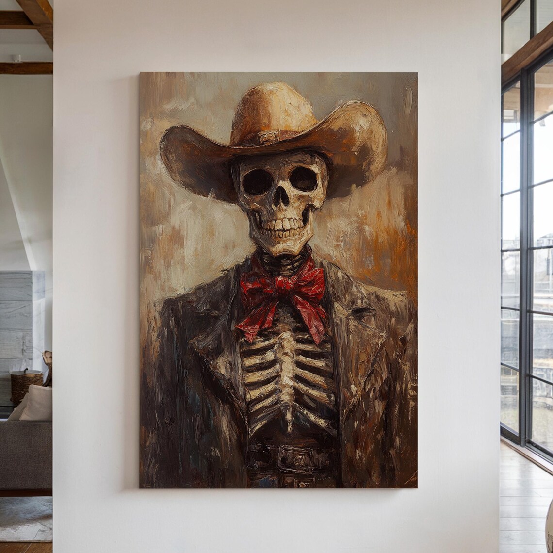 Western Cowboy Skeleton in Hat and Red Bow Tie Oil Painting Poster
