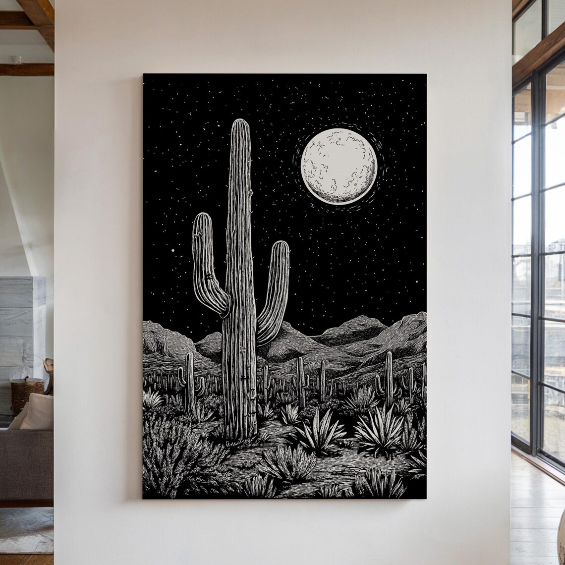 Saguaro Cactus Under Full Moon Starry Desert Night Art Poster