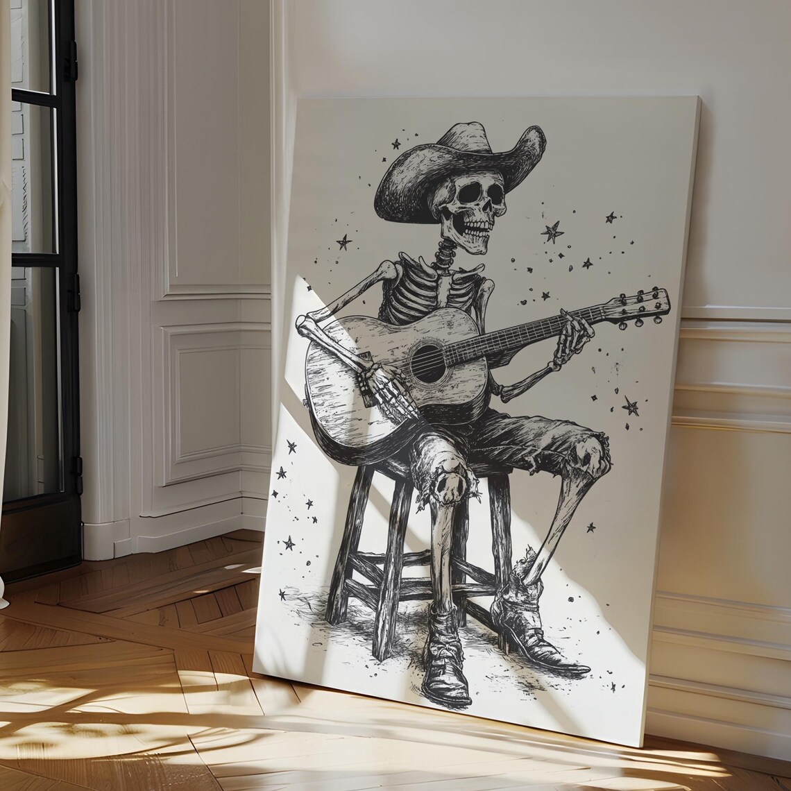 Cowboy Skeleton Playing Guitar Western Gothic Ink Art Poster