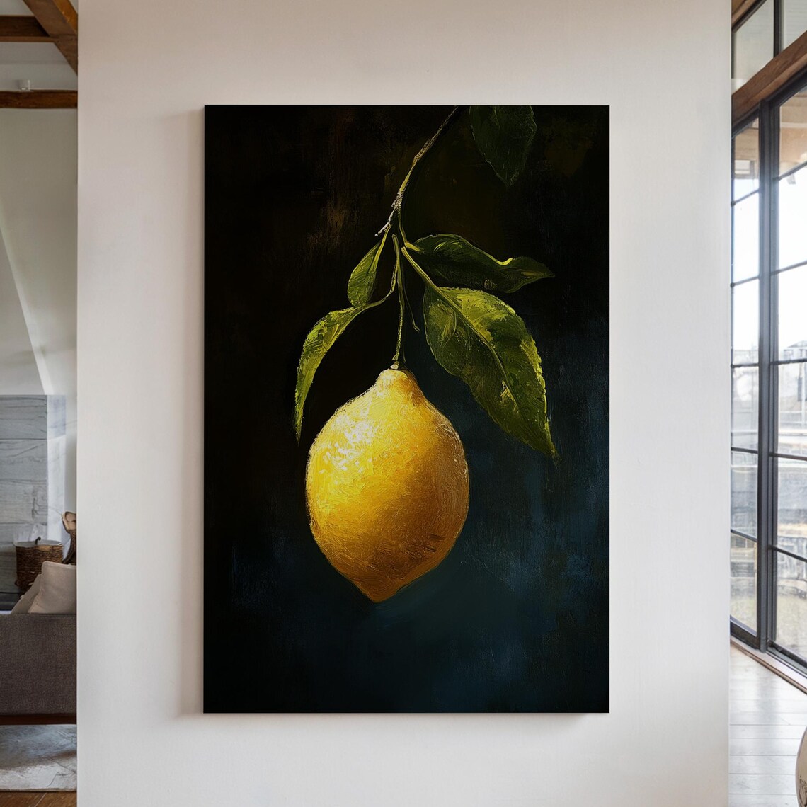 Single Ripe Lemon Hanging Dark Moody Citrus Still Life Art Poster