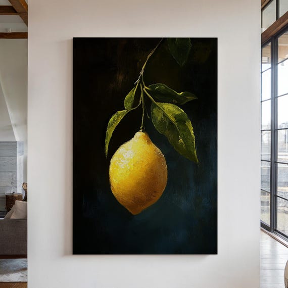 Dark Moody Lemon Wall Art Vintage Citrus Still Life Rustic Fruit Kitchen Botanical Print Old World Farmhouse Decor