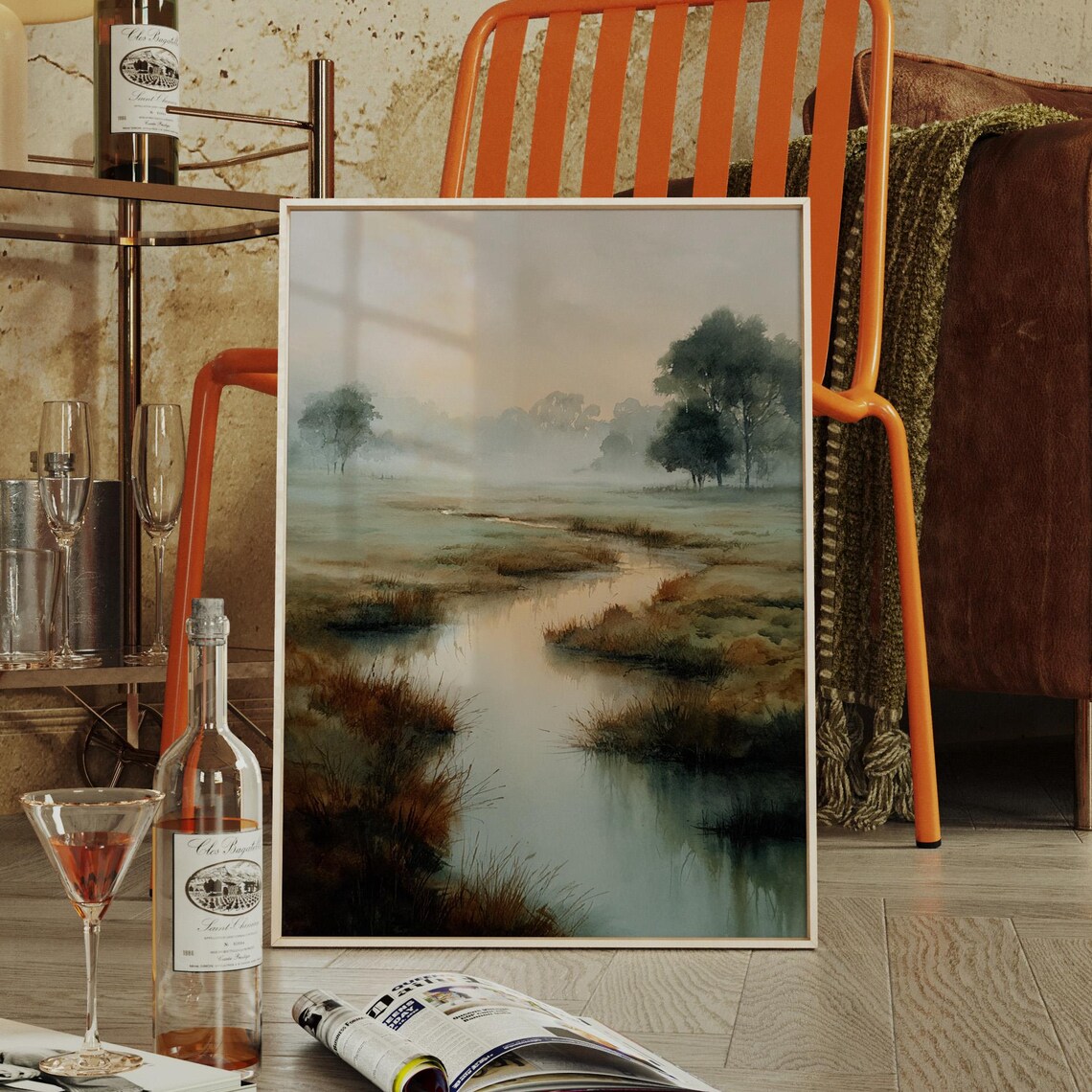Misty Morning River Fog Watercolor Soft Dawn Landscape Art Poster