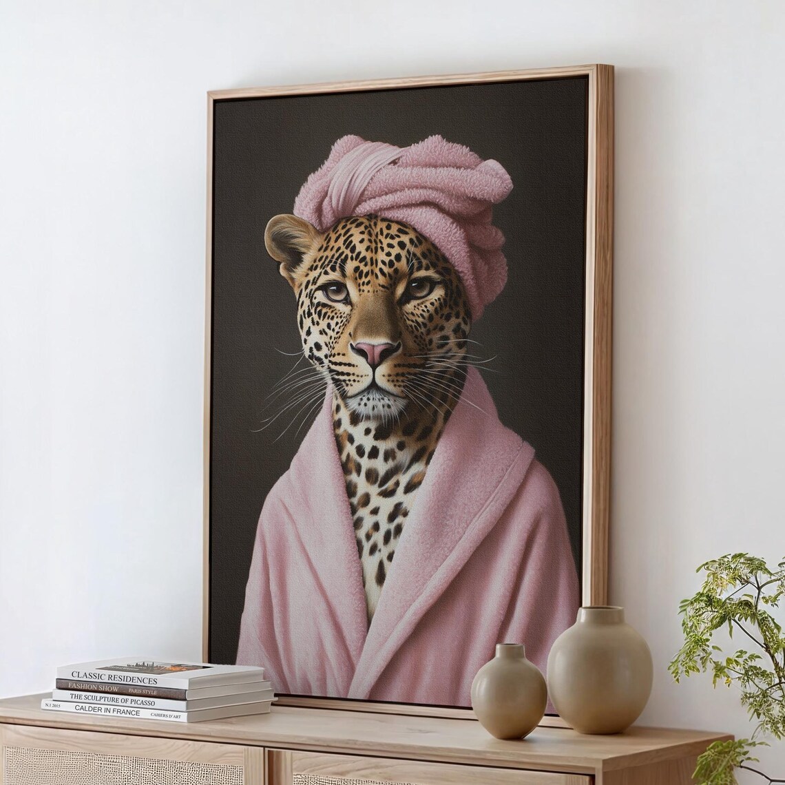 Leopard In Pink Bathrobe With Towel On Head Funny Animal Portrait Poster
