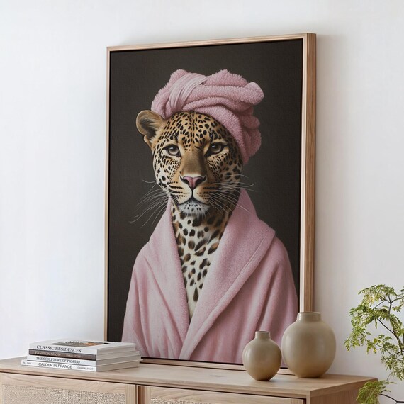 Leopard In Pink Bathrobe With Towel On Head Funny Animal Portrait Poster