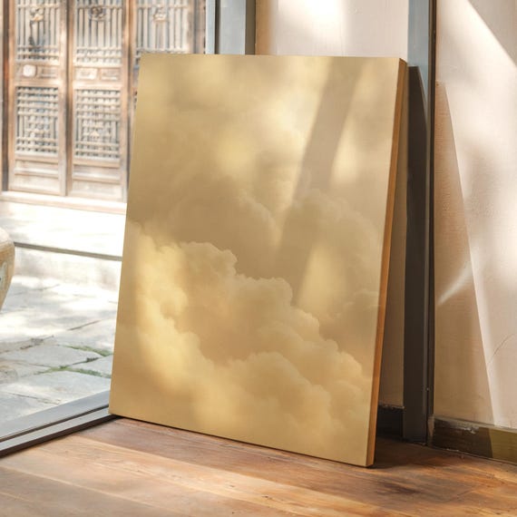 Golden Beige Cloudscape Canvas Soft Neutral Sky Art For Calm Earthtone Wall Decor