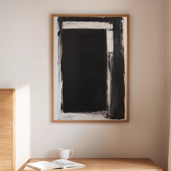 Bold Black Abstract Canvas Minimalist Modern Wall Art With Rough Brush Texture For Industrial And Contemporary Home Decor