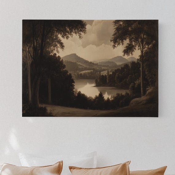 Sepia Mountain Lake Landscape Canvas Wall Art Serene Forest River Valley Painting Vintage Nature Print For Rustic Decor