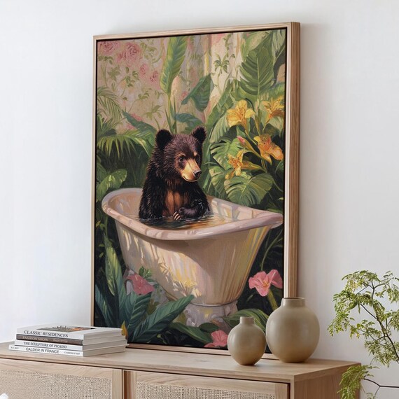 Charming Black Bear In Bathtub Whimsical Jungle Bath Scene Poster