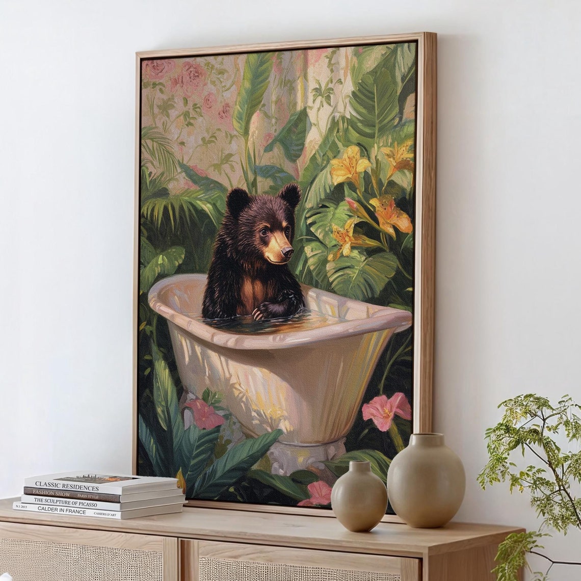 Charming Black Bear In Bathtub Whimsical Jungle Bath Scene Poster