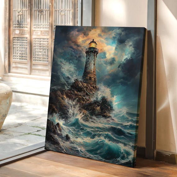 Stormy Lighthouse Canvas Wall Art Ocean Wave Seascape Print Moody Coastal Painting With Dramatic Sky Nautical Home Decor Gift