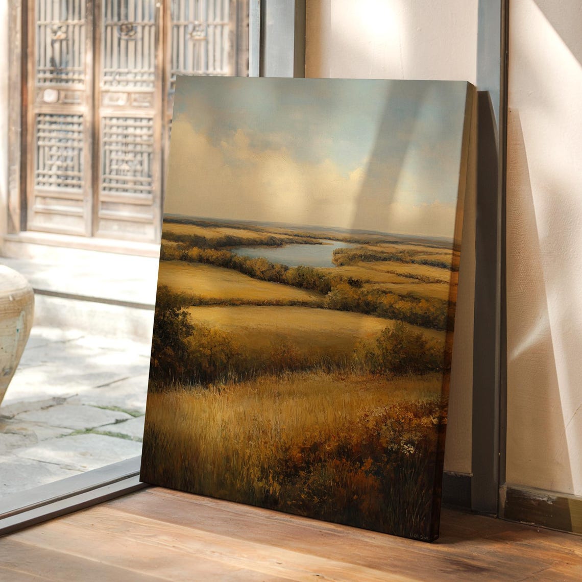 Golden Prairie Landscape Vintage Oil Painting Rustic Farmhouse Wall Art Rolling Hills River Scene Nature Print
