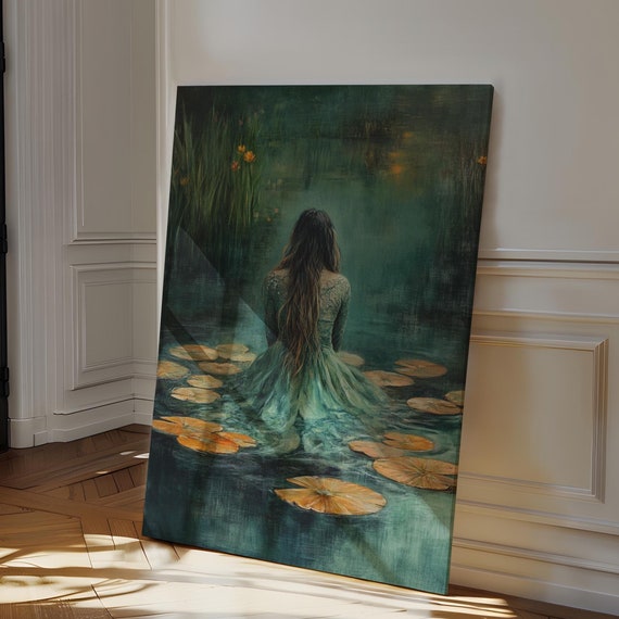Ethereal Serenity Woman In Flowing Green Dress Amid Water Lily Pond Peaceful Nature Inspired Mystical Wall Art