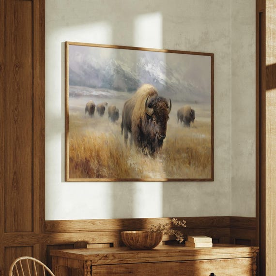 Bison Herd Roams Misty Plains, Mountain Landscape