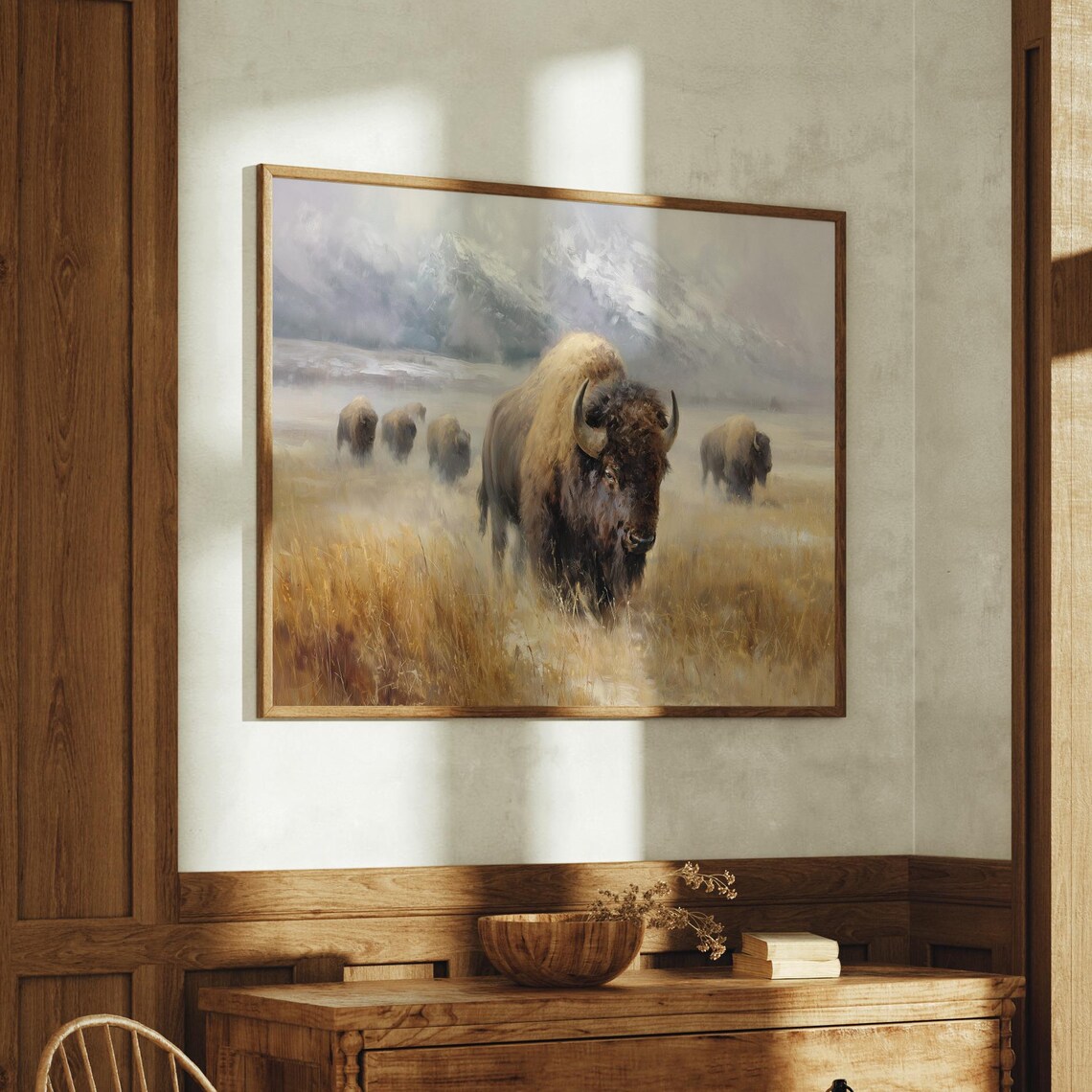 Bison Herd Roams Misty Plains, Mountain Landscape