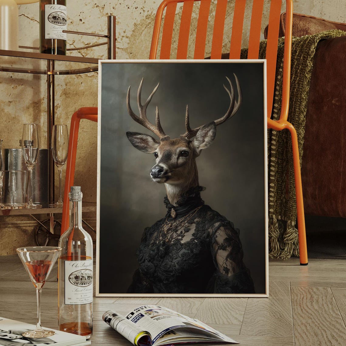 Victorian Deer Portrait In Black Lace