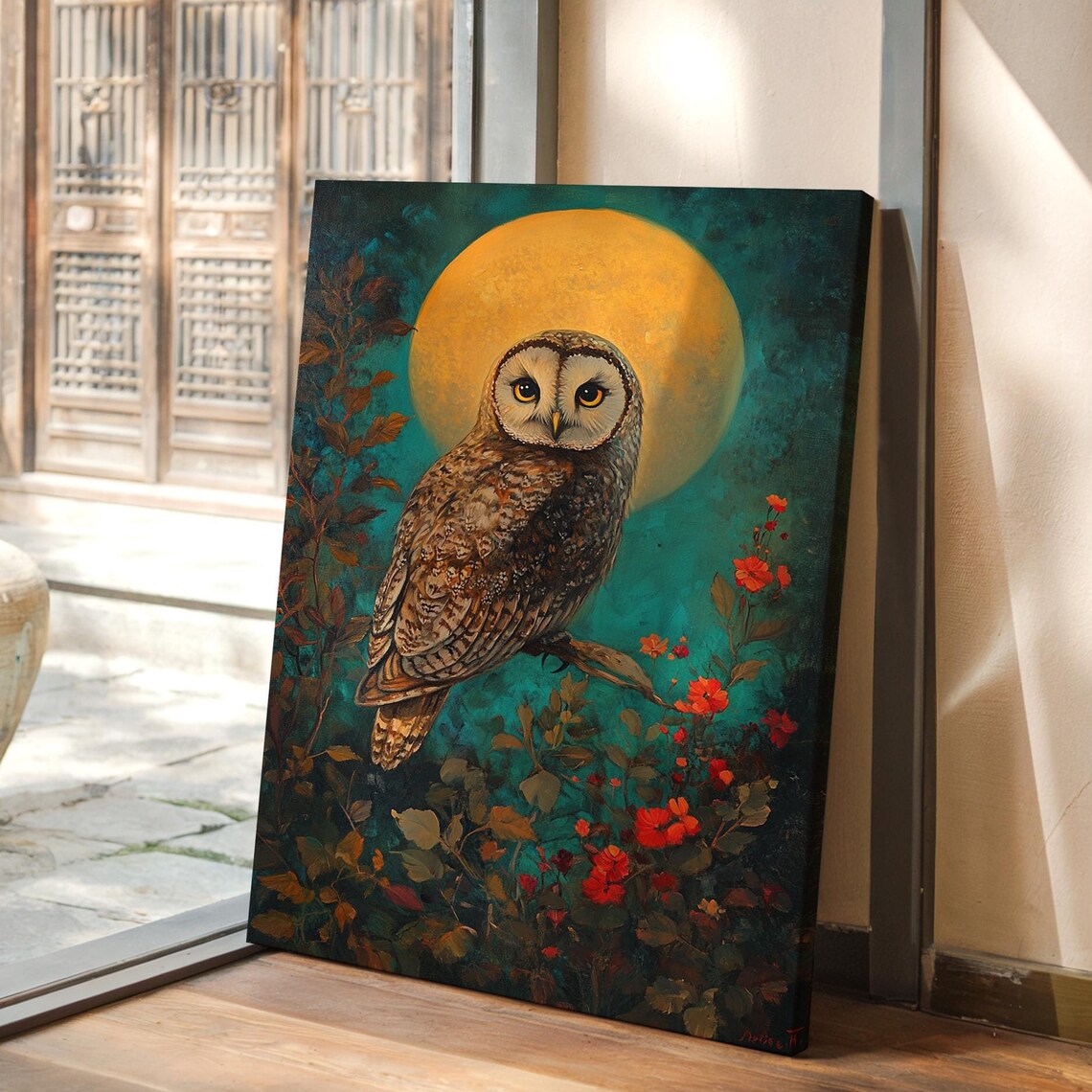 Bohemian Barn Owl Golden Full Moon Teal Red Flowers Woodland Poster