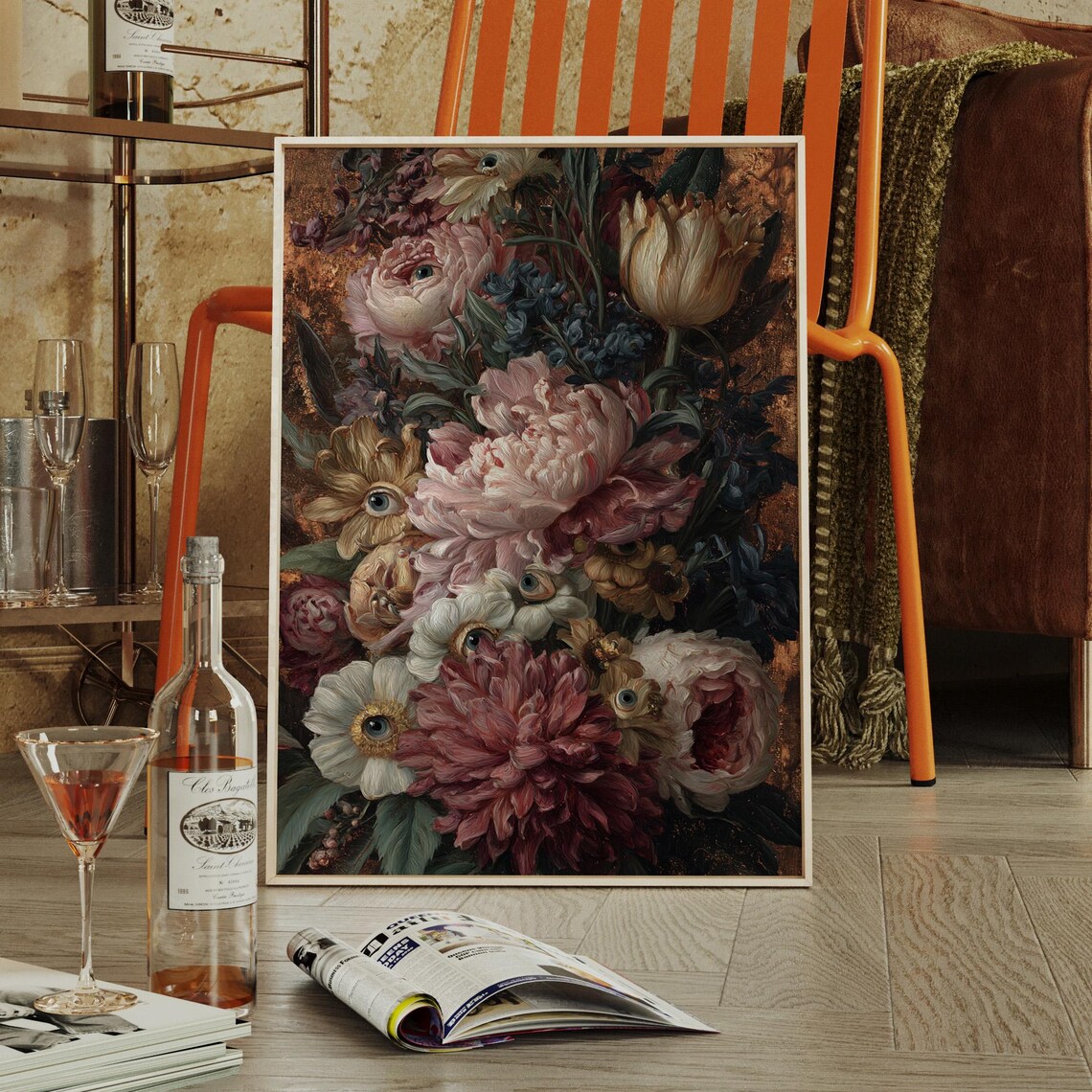Surreal Floral Oil Painting Hidden Eyes Dark Botanical Art Poster