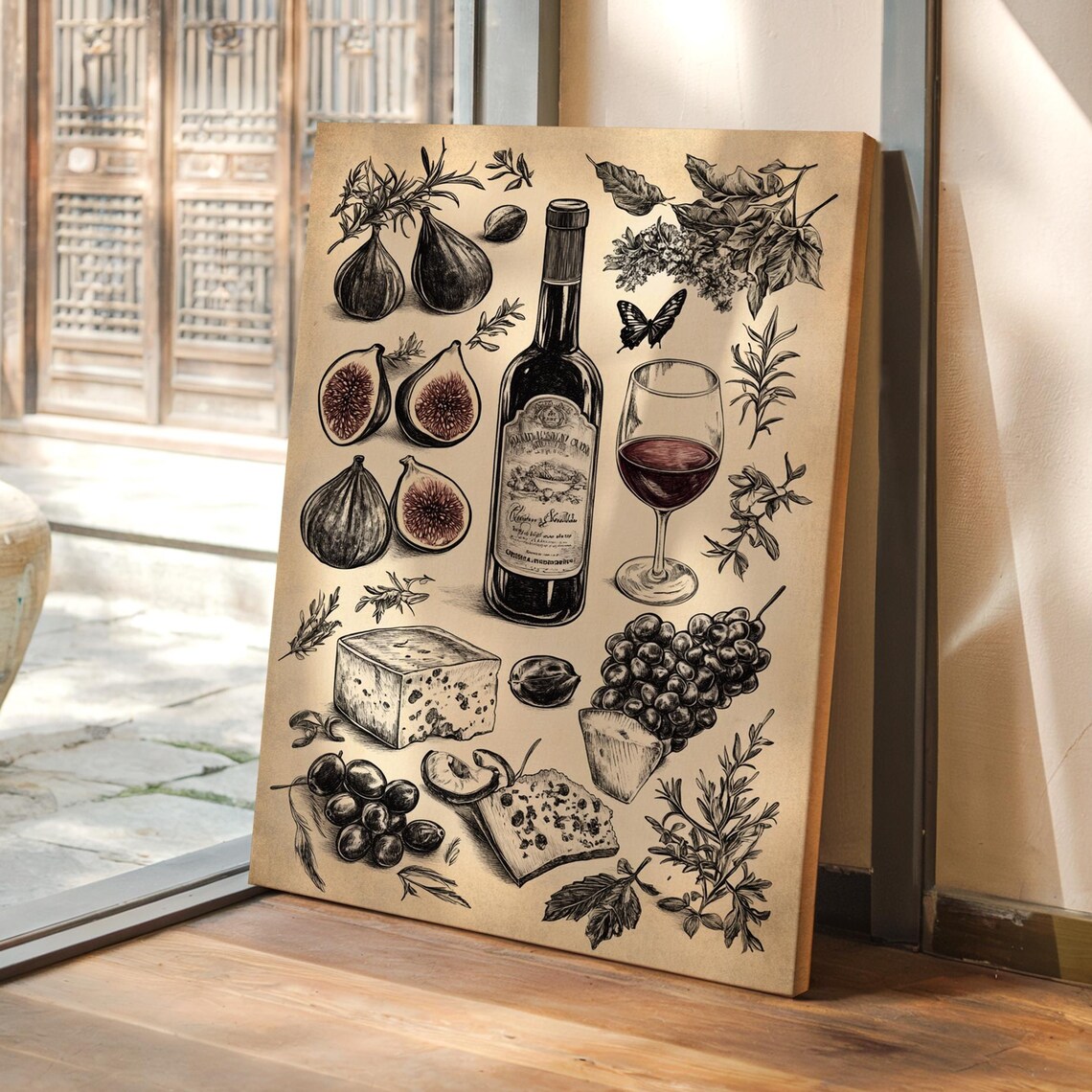 Vintage Wine And Cheese Illustration With Figs And Grapes Poster