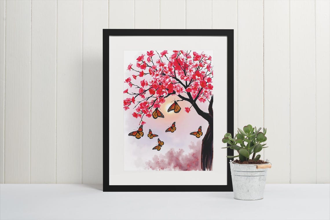 Butterflies Watercolor Cherry Blossom Art Print - Image 2