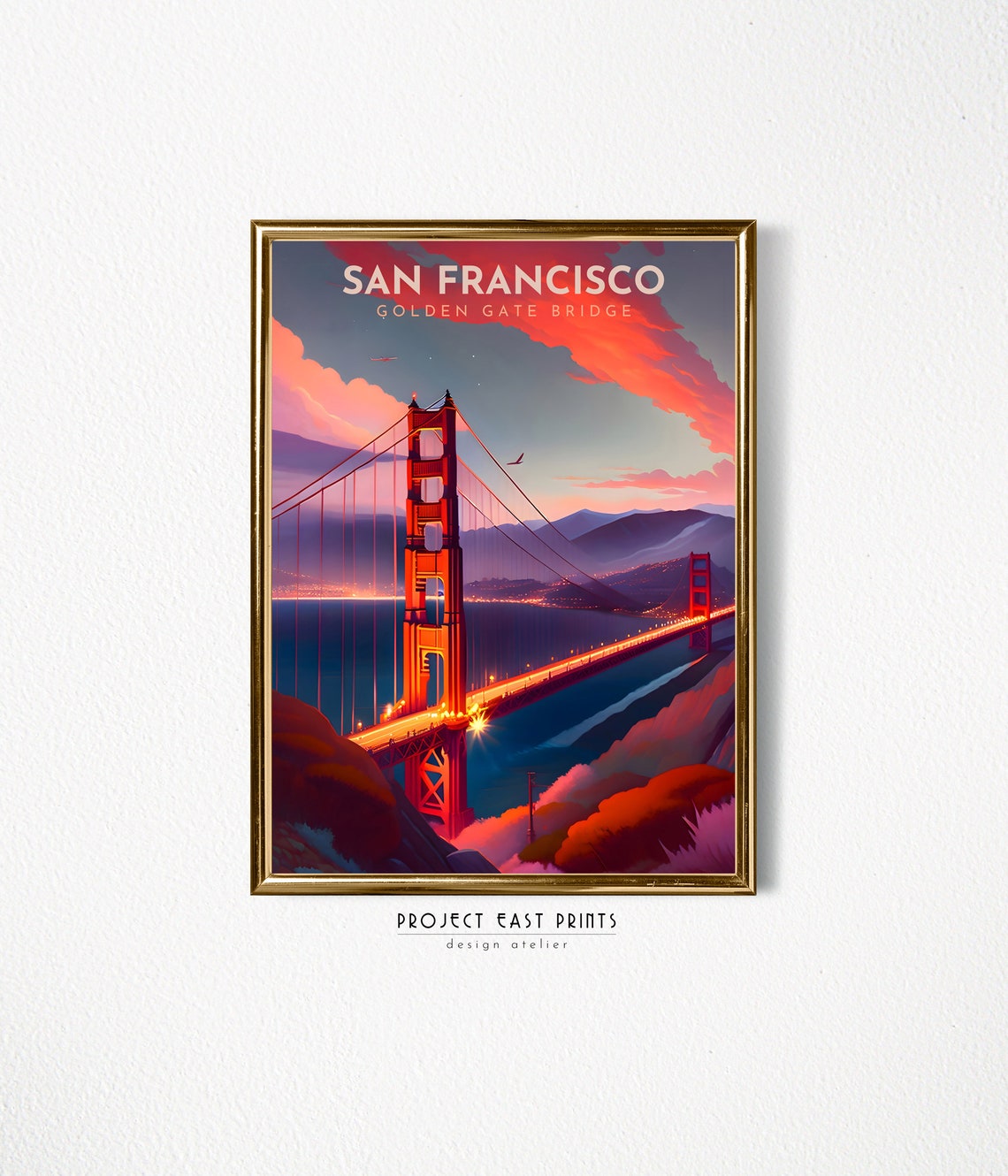 San Francisco Golden Gate Bridge Dusk Retro Travel Art Poster