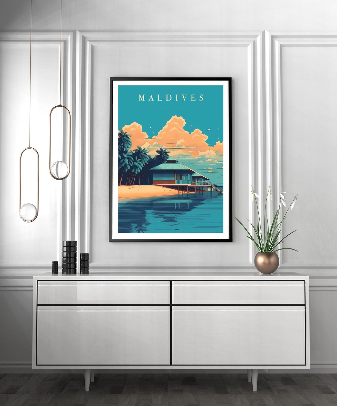 Maldives Overwater Bungalow Retro Beach Sunset Travel Poster - Image 2
