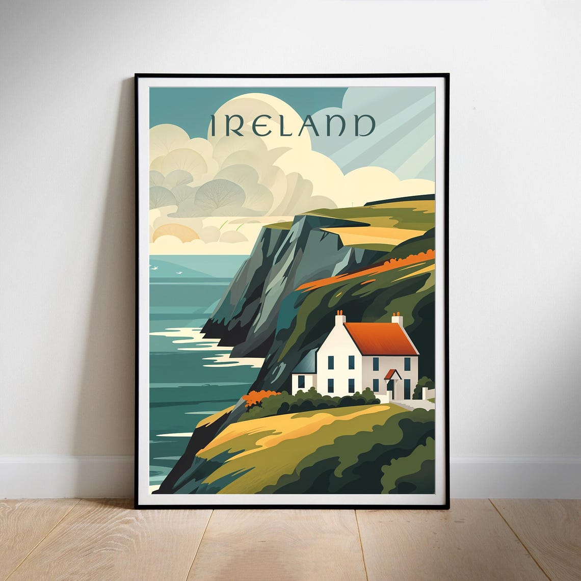 Ireland Coastal Cottage Sea Cliffs Ocean View Scenic Travel Poster