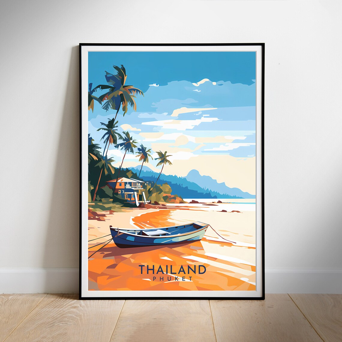 Phuket Thailand Beach Palms Fishing Boat Retro Travel Poster